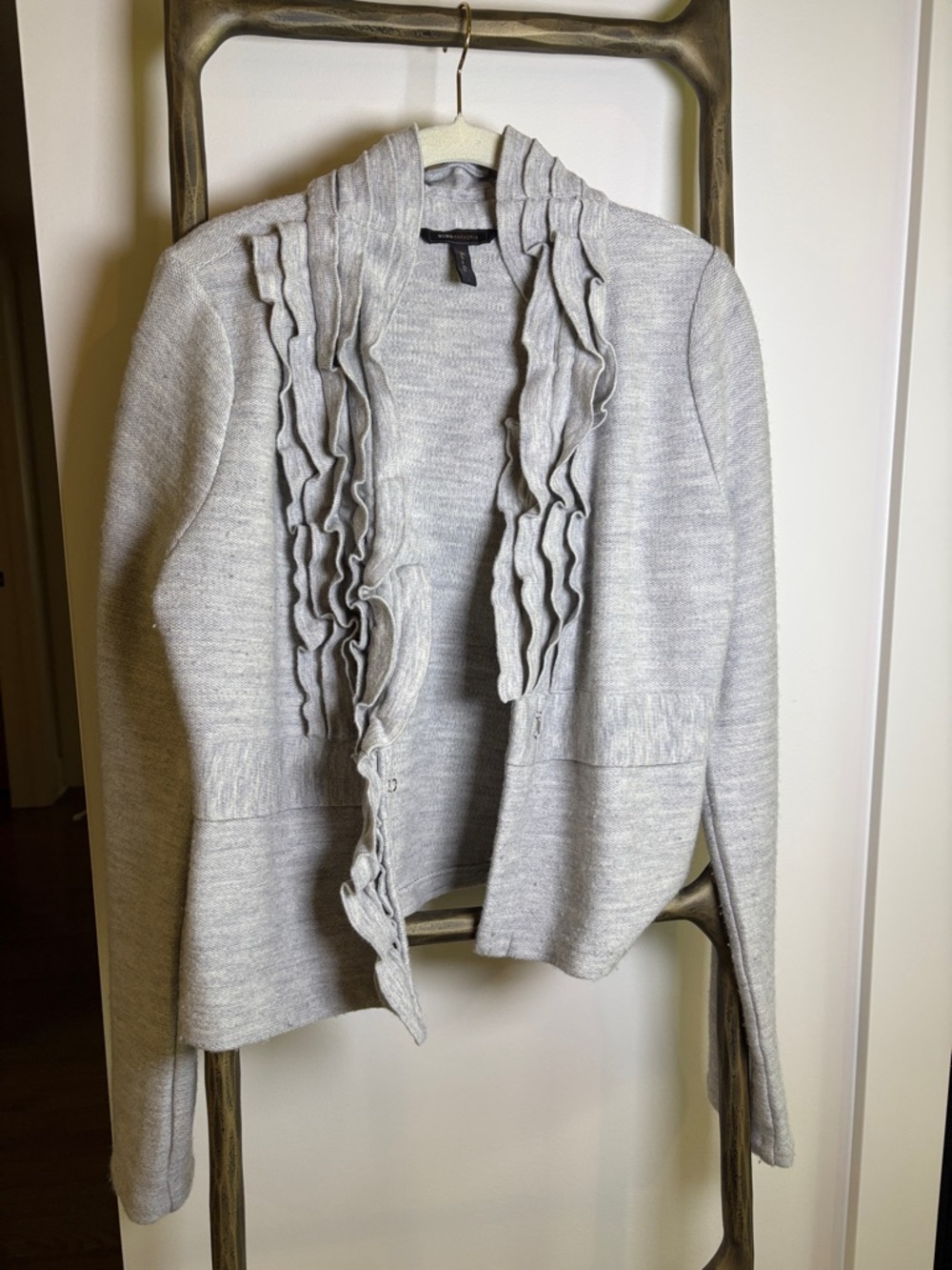 BCBGMaxAzria Light Gray Ruffle Open-Front Cardigan